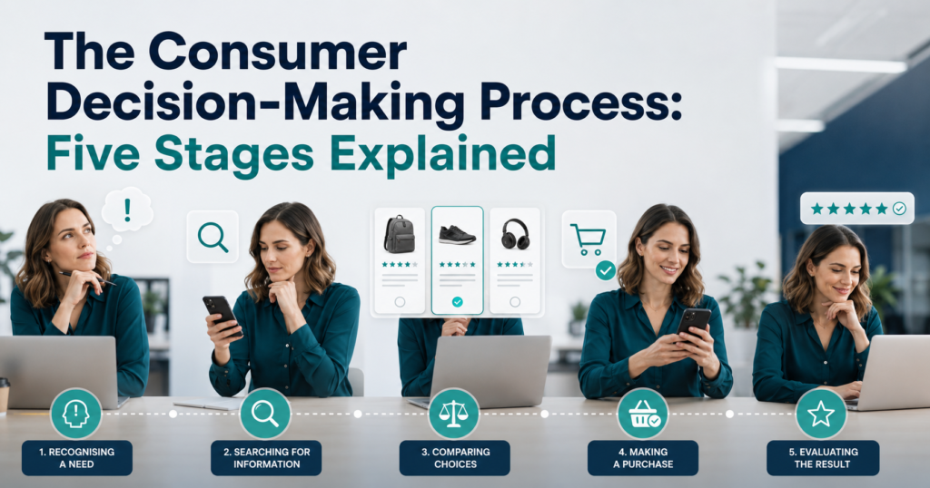 Consumer progressing through the five stages of the decision-making process, from recognising a need to evaluating the purchase.