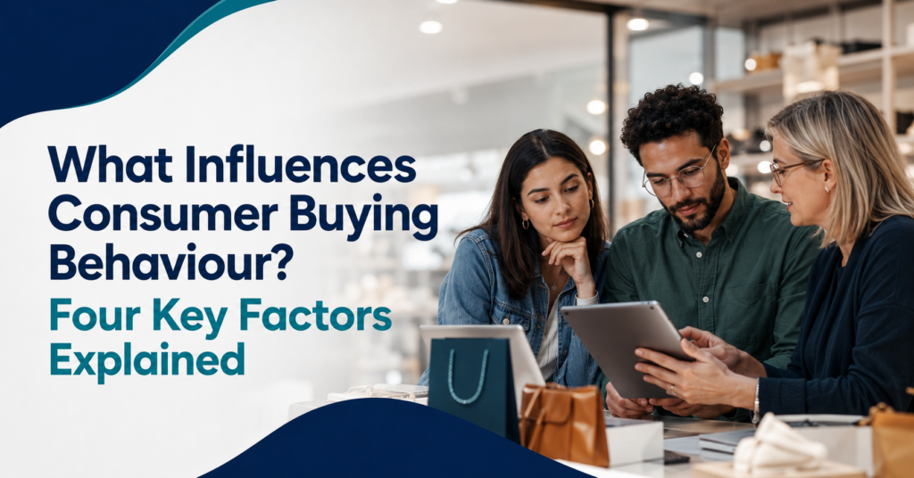Consumers comparing products and information, representing the psychological, social, cultural and personal factors influencing buying behaviour.
