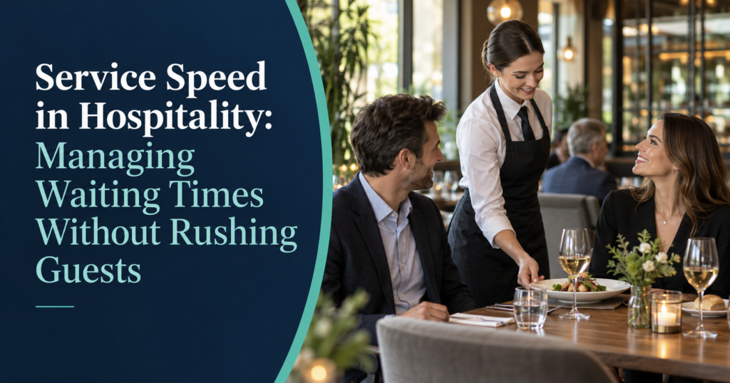 Restaurant staff assisting guests beside the headline Service Speed in Hospitality: Managing Waiting Times Without Rushing Guests.
