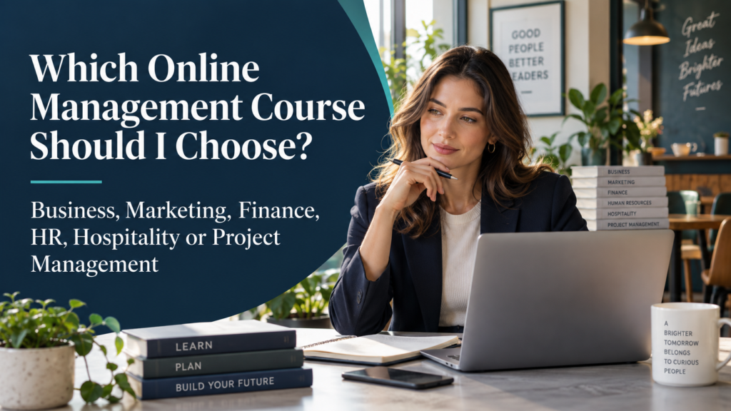 Professional considering online management study, with a headline comparing business, marketing, finance, HR, hospitality and project management