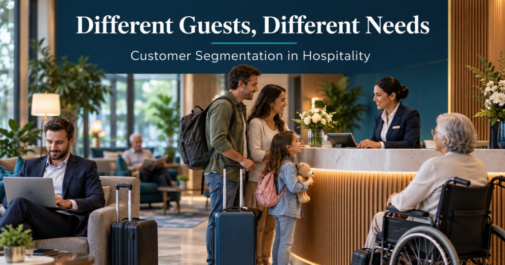 Diverse hotel guests at a modern reception, illustrating customer segmentation in hospitality