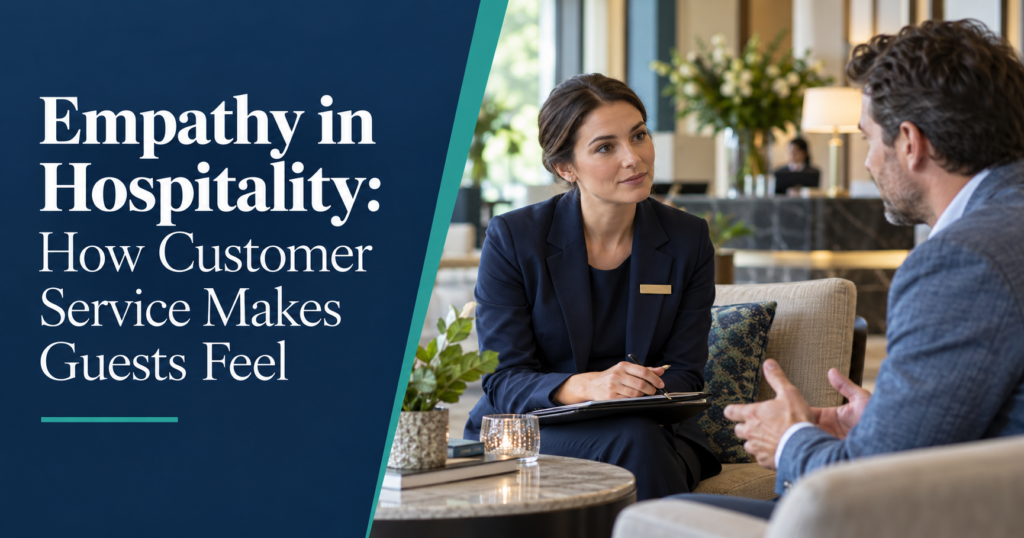Hotel staff listening attentively to a guest beside the title Empathy in Hospitality: How Customer Service Makes Guests Feel.