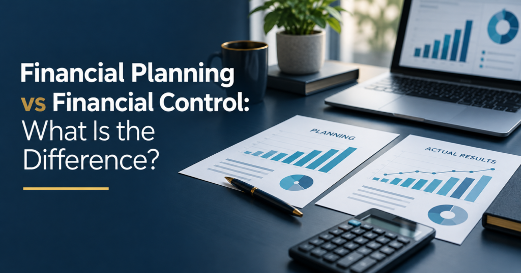 Financial planning and financial control shown through planning and actual-results reports on a business desk.