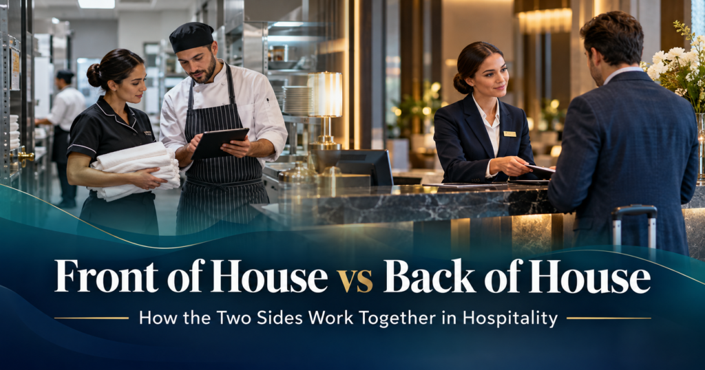 Hotel receptionist and hotel operations staff working together, illustrating front-of-house and back-of-house teamwork in hospitality.