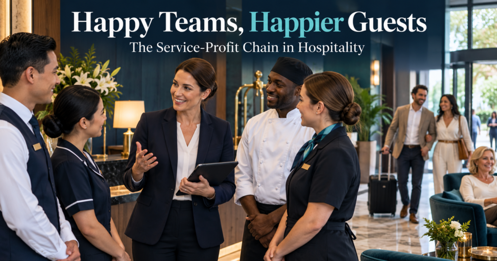 Hotel manager briefing a supported hospitality team while guests enjoy the hotel experience