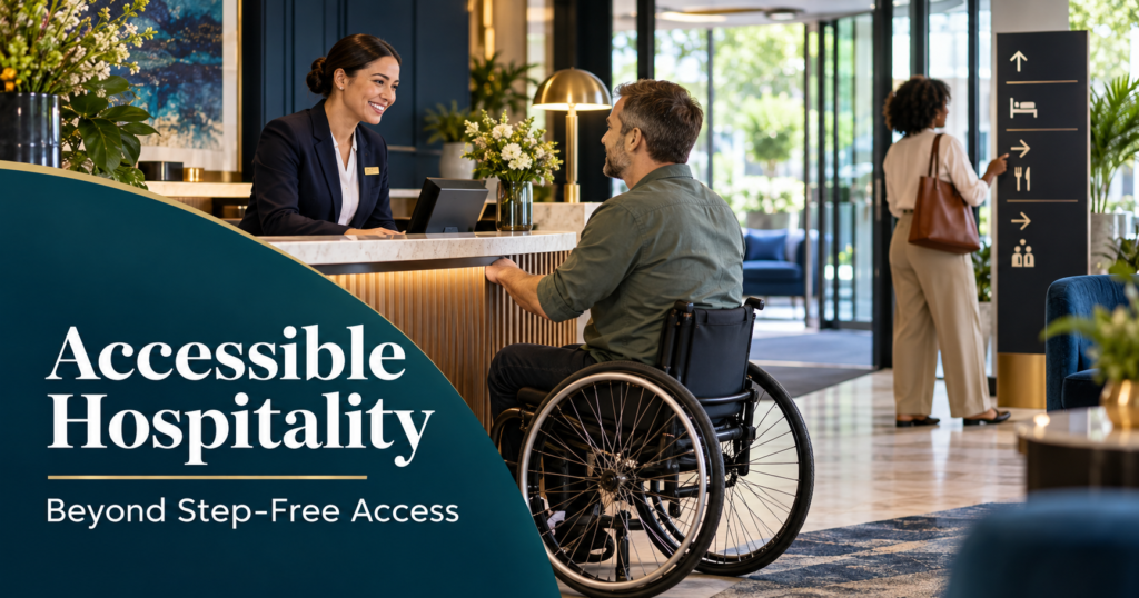 Hotel receptionist welcoming a wheelchair user in a modern accessible hotel lobby with clear signage and step-free access.