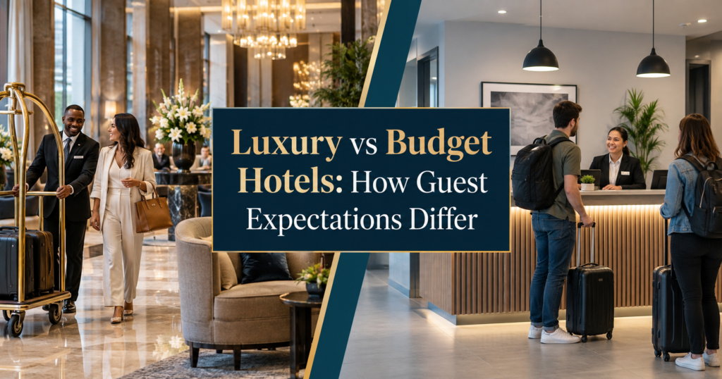 Split view of luxury and budget hotel receptions illustrating how guest expectations differ