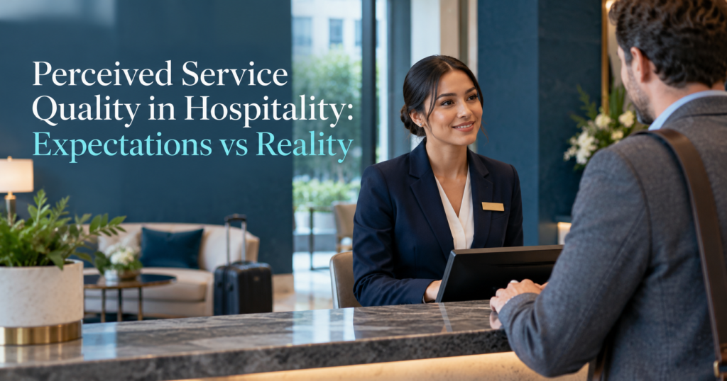 Hotel guest speaking with a front-desk employee, illustrating how expectations and service delivery shape perceived quality in hospitality.