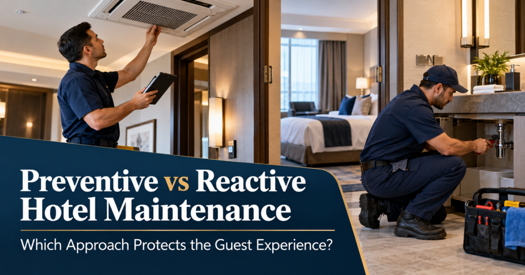 Hotel maintenance technician inspecting a guest-room air-conditioning unit while another repairs plumbing, illustrating preventive and reactive maintenance.