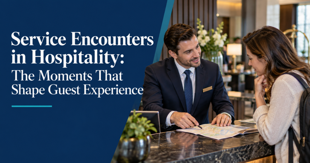 Hotel receptionist assisting a guest beside the title Service Encounters in Hospitality: The Moments That Shape Guest Experience.