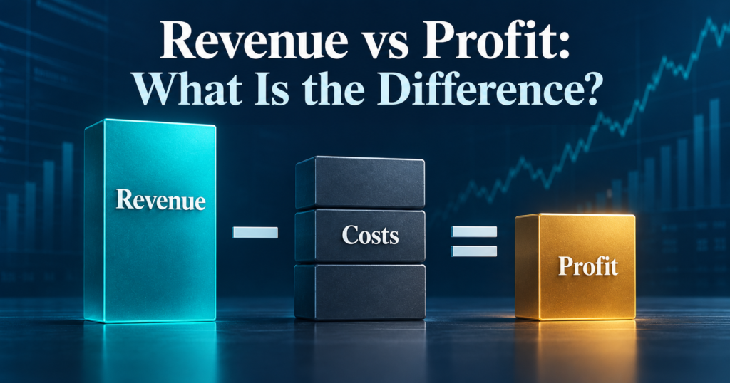 Revenue and profit compared using sales, costs and profit figures on a business finance dashboard.