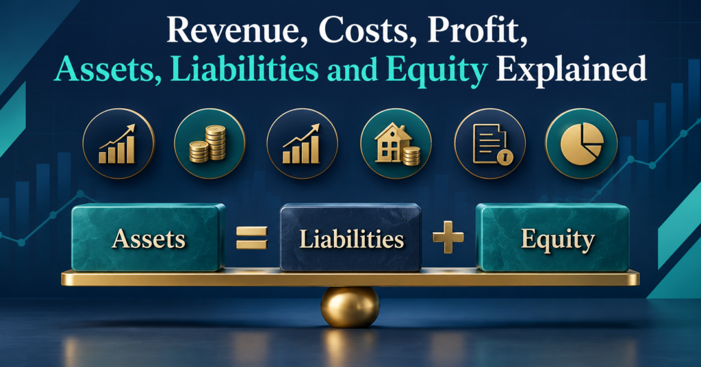 Revenue, costs, profit, assets, liabilities and equity explained through a balanced business finance diagram