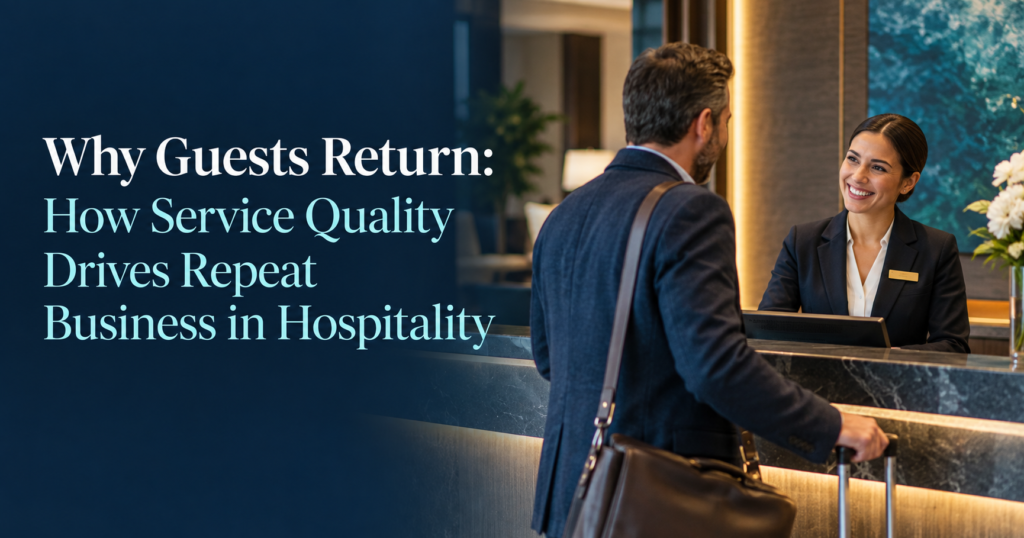 Returning hotel guest being welcomed by a receptionist, illustrating how service quality supports repeat business in hospitality.