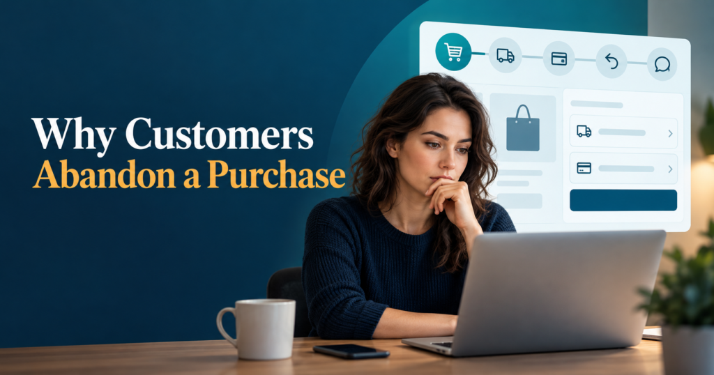 Customer hesitating at an online checkout while unclear costs, delivery, returns, payment and support options create purchase friction.