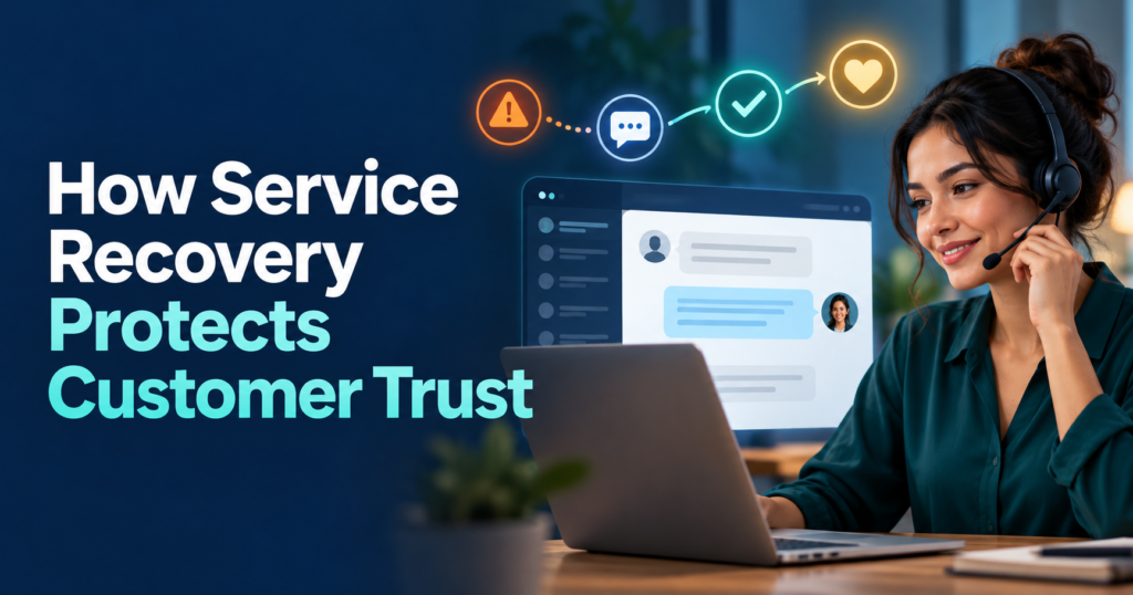 Customer service adviser resolving a problem for an online customer, with clear steps from issue to resolution shown on screen.
