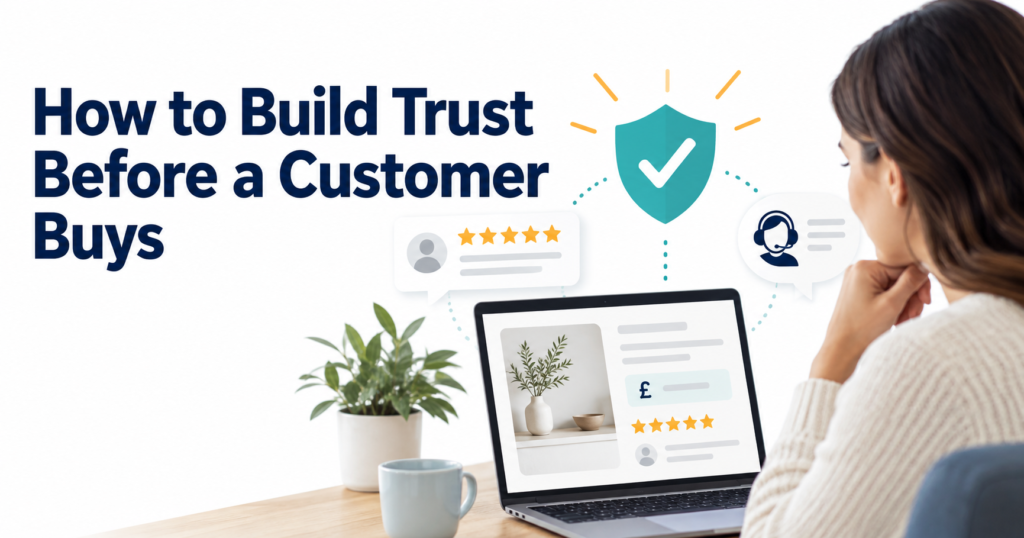 Customer reviewing an online offer with price, customer-review, support and trust-shield signals, illustrating how businesses build trust before purchase.