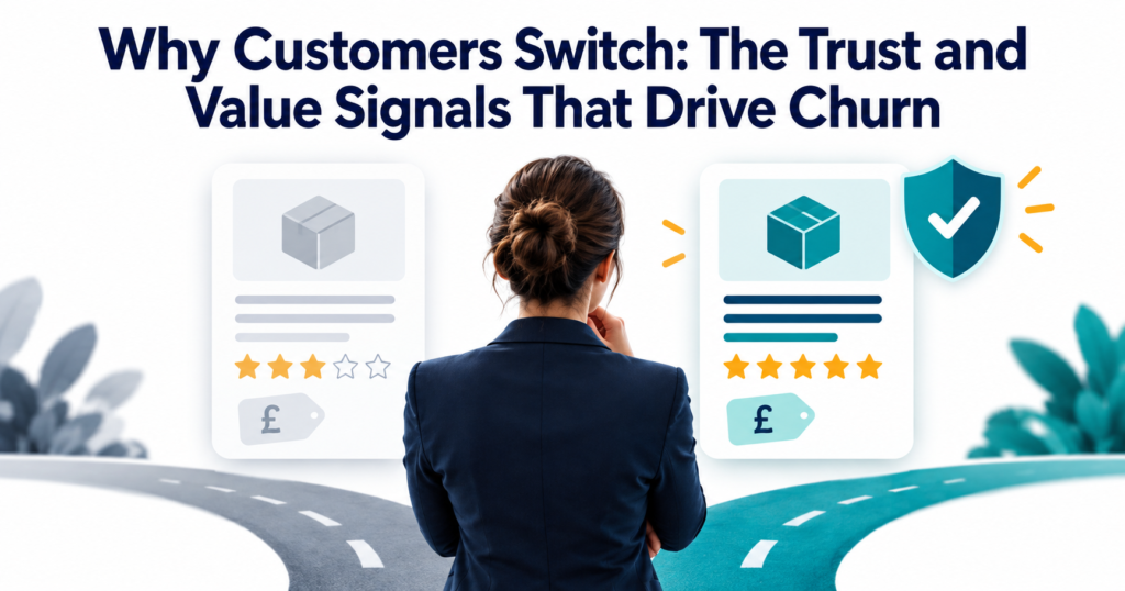 Business customer comparing two service options, with price, customer-review and trust signals, illustrating why customers switch providers.